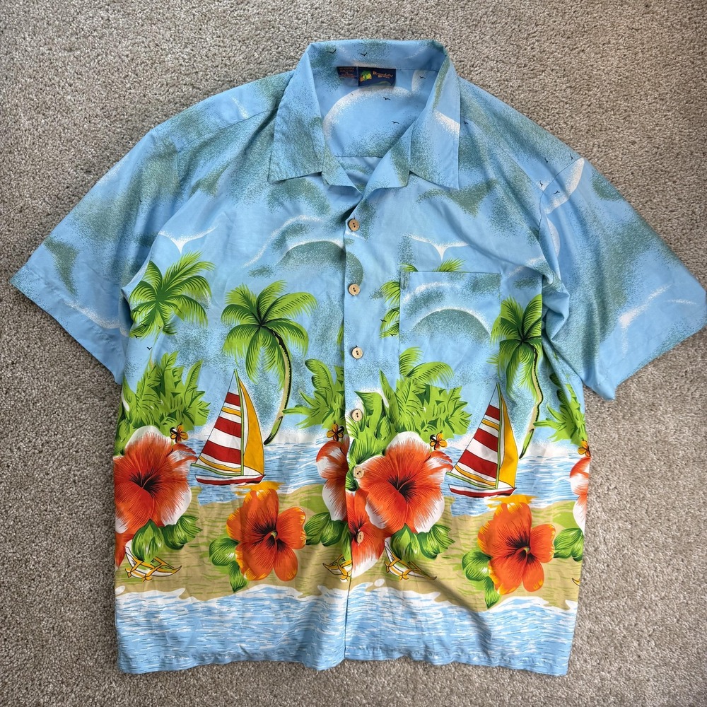 Roundy Bay Shirt Mens XL Blue Floral Short Sleeve Button Up Hawaiian Tropical